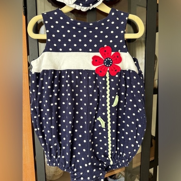 Hartstrings polka dots appliqué bubble romper hat set navy baby girl toddler VTG - Picture 9 of 9